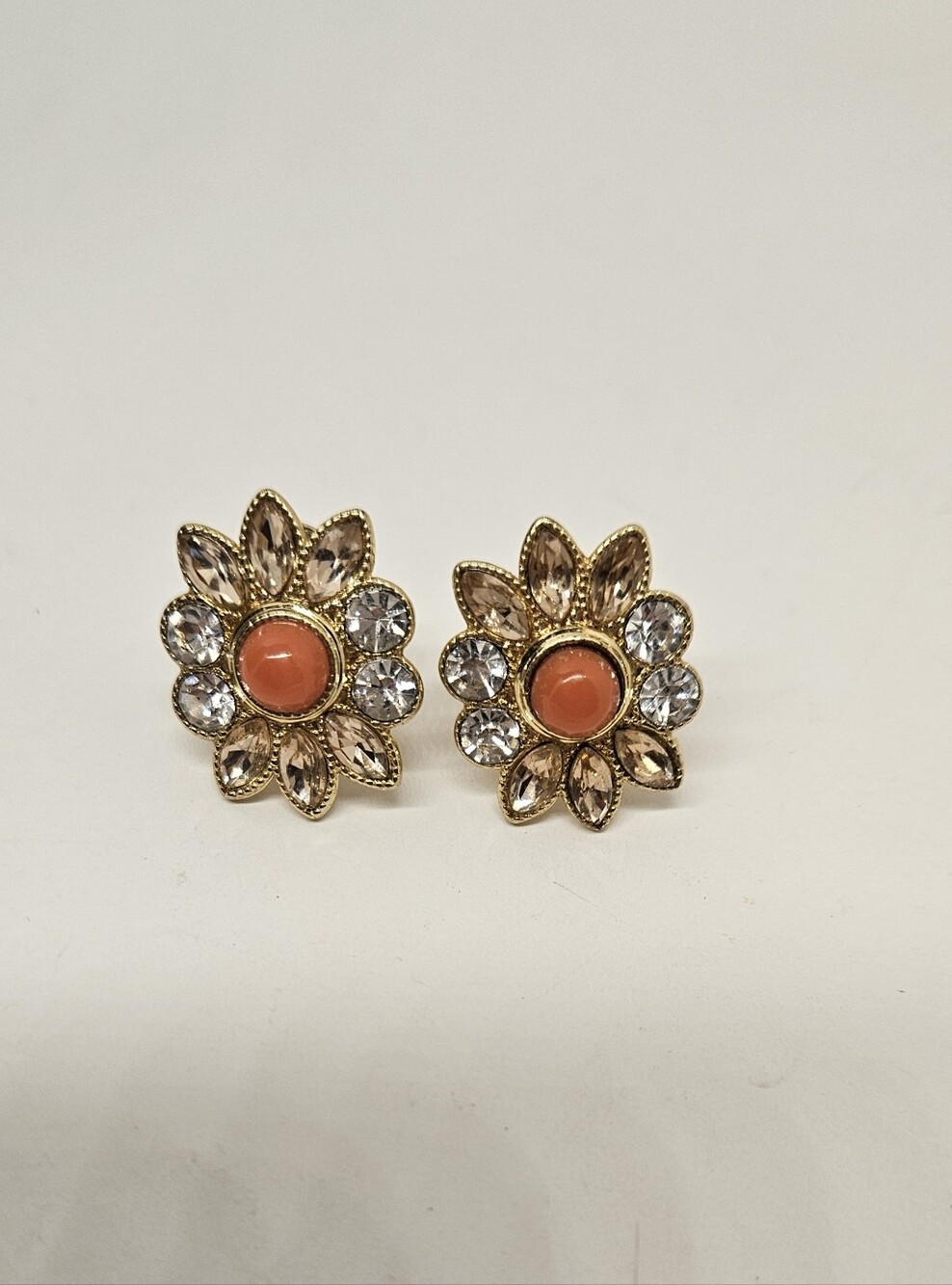 Monet Coral Plastic Cabochon Rhinestones Clip On Earrings Signed Vintage